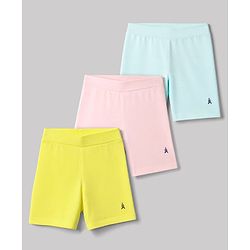 Pine Kids Cotton Lycra Knit Above Knee Length Solid Cycling Shorts Pack of 3 - Light Blue Limegreen & Pink