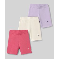 Pine Kids Cotton Lycra Knit Above Knee Length Solid Cycling Shorts Pack of 3 - Lilac White & Dark Pink