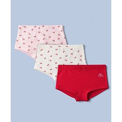 Pine Kids Cotton Elastane Knit Striped Panties With Bow Print & Applique Pack of 3 - White, Red & Pink