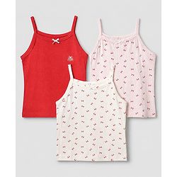 Pine Kids Cotton Lycra Knit Sleeveless Slips with Bows Print and Bow Embroidery Pack of 3 - White Red & Pink