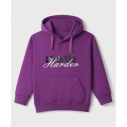 Pine Kids Cotton Fleece Knit Full Sleeves Hooded Winter Sweatshirt and Jogger with Full Length and Hustle Harder Print - Purple & Light Grey