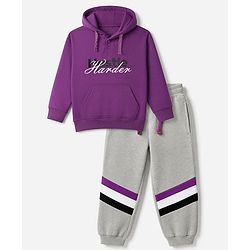 Pine Kids Cotton Fleece Knit Full Sleeves Hooded Winter Sweatshirt and Jogger with Full Length and Hustle Harder Print - Purple & Light Grey
