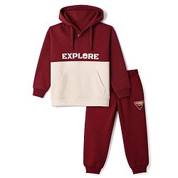 Pine Kids Fleece Knit Full Sleeves Hooded Winter Wear Suit With Text Print - Red