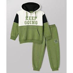 Pine Kids Fleece Knit Full Sleeves Hooded Winter Wear Suit With Text Print - Green