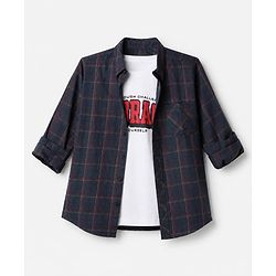 Pine Kids 100% Cotton Woven Full Sleeves Checked Shirt and T-Shirt with Shine Through Challenges Embrace To Yourself Print - Grey