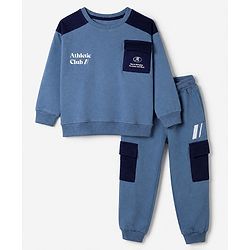 Pine Kids Fleece Full Sleeves Winter Wear Suits with Athletic Club Print in Blue