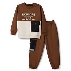 Pine Kids Fleece Knit Full Sleeves Winter Wear Suit With Text Print - Brown