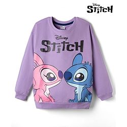 Pine Kids Disney 100% Cotton Terry Knit Sweatshirt with Full Sleeves and Angel and Stitch Print - Lavender