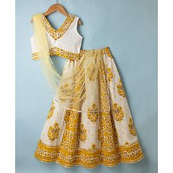 Pine Kids 100% Cotton Woven Sleeveless Choli and Lehenga Set With Dupatta & Floral Print in White