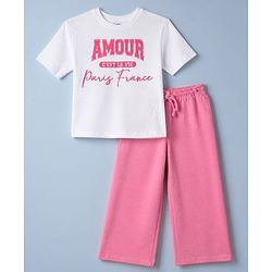 Pine Kids 100% Cotton Knit Half Sleeves Top and Pant Set with Text Print in White