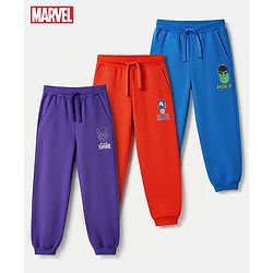 Pine Kids Marvel 100% Cotton Terry Knit Jogger Fit Full Length Pants Pack Of 3 - Blue Red & Purple