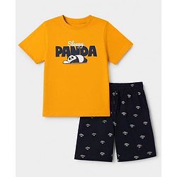 Pine Kids 100% Cotton Knit Half Sleeves T-Shirt & Shorts Night Suit With Panda Print & Bio Finsh - Orange