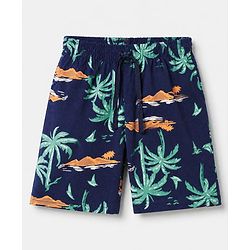 Pine Kids 100% Cotton Knit Half Sleeves T-shirt & Shorts With Palm Tree Print - Green