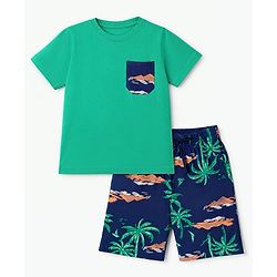 Pine Kids 100% Cotton Knit Half Sleeves T-shirt & Shorts With Palm Tree Print - Green