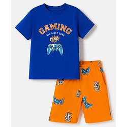 Pine Kids 100% Cotton Knit Half Sleeves T-Shirt & Shorts Night Suit With Video Game Print & Bio Finsh - Blue