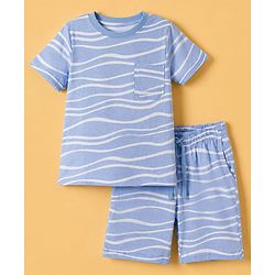 Pine Kids 100% Cotton Knit Half Sleeves Co-ords T-Shirt & Shorts Night Suit With Wave Print & Bio Finsh - Blue