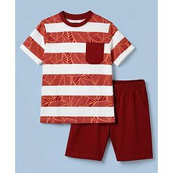 Pink Kids 100% Cotton Knit Full Sleeves T-Shirt & Short With Leaves Print-Brown