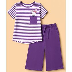 Pine Kids 100% Cotton Knit Half Sleeves T-Shirt & Pyjama Night Suit With Rabbit Print & Bio Finish - Purple
