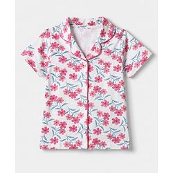 Pink Kids 100% Cotton Knit Full Sleeves Co-Ord Shirt & Pajama Night Suit With Floral Print-White