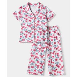 Pink Kids 100% Cotton Knit Full Sleeves Co-Ord Shirt & Pajama Night Suit With Floral Print-White