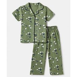 Pink Kids 100% Cotton Knit Full Sleeves Co-Ord Shirt & Pajama Night Suit With Floral Print-Green