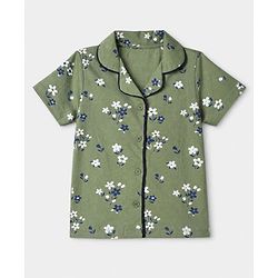 Pink Kids 100% Cotton Knit Full Sleeves Co-Ord Shirt & Pajama Night Suit With Floral Print-Green