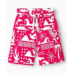 Pine Kids 100% Cotton Knit Half Sleeves Co-Ords Shirt & Short Night Suit With Bird Print - Red