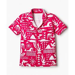 Pine Kids 100% Cotton Knit Half Sleeves Co-Ords Shirt & Short Night Suit With Bird Print - Red