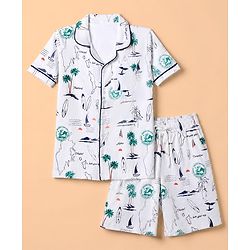 Pine Kids 100% Cotton Knit Half Sleeves Co-Ords Shirt & Short Night Suit With Tropical Theme Print - White