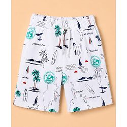 Pine Kids 100% Cotton Knit Half Sleeves Co-Ords Shirt & Short Night Suit With Tropical Theme Print - White
