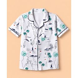 Pine Kids 100% Cotton Knit Half Sleeves Co-Ords Shirt & Short Night Suit With Tropical Theme Print - White