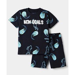 Pine Kids 100% Cotton Knit Half Sleeves Co-Ords T-Shirt & Short Night Suit With New Goal Text Print - Navy Blue