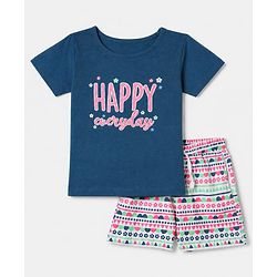 Pine Kids 100% Cotton Single Jersery Knit 180 GSM Half Sleeves Co-ords T-Shirt & Short Night Suit With Happy Everyday Text Print & Bio Wash- Navy Blue