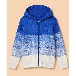 Pine Kids Cotton Blend Knit Full Sleeves Hooded Front Open Sweater With Cable Knit Design - Blue