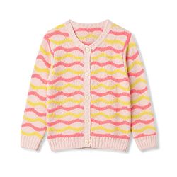 Pine Kids Cotton Blend Knit Full Sleeves Front Open Sweater With Wavy Stripe Design - Pink