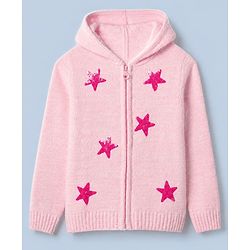 Pine Kids Knit Front Open Sweater with Full Sleeves and Stars Sequins in Pink for 4-5 Years