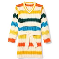 Pine Kids Cotton Blend Knit Woolen Dress with Full Sleeves and Striped Print - White