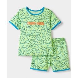 Pine Kids 100% Cotton Knit Half Sleeves Co-Ords T-Shirt & Short Night Suit With Tropi-Cool Text Print - Green
