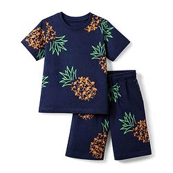 Pine Kids 100% Cotton Knit Half Sleeves Pineapple Print T Shirt & Shorts Co-ords Night Suit With Bio Washed in Navy Blue