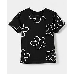 Pine Kids 100% Cotton Single Jersery Knit 180 GSM Half Sleeves Co-ords T-Shirt & Short Night Suit With Floral Print & Bio Wash-Black