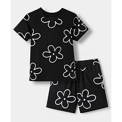 Pine Kids 100% Cotton Single Jersery Knit 180 GSM Half Sleeves Co-ords T-Shirt & Short Night Suit With Floral Print & Bio Wash-Black