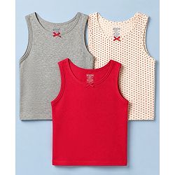 Pine Kids Cotton Elastane Knit Sleeveless Set of Vests with Polka Dots Print & Bow Applique Pack of 3 - White, Red & Grey