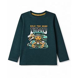 Pine Kids 100% Cotton Knit T-Shirts with Full Sleeves and Dinosaurs Print - Dark Green