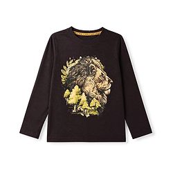 Pine Kids 100% Cotton Knit T-Shirt with Full Sleeves and Lion Print - Dark Brown