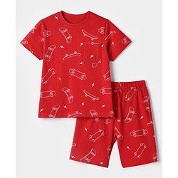 Pine Kids 100% Cotton Knit Half Sleeves Co-Ords T-Shirt & Shorts With Skate Board Print & Bio Finish - Red