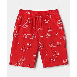 Pine Kids 100% Cotton Knit Half Sleeves Co-Ords T-Shirt & Shorts With Skate Board Print & Bio Finish - Red