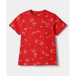 Pine Kids 100% Cotton Knit Half Sleeves Co-Ords T-Shirt & Shorts With Skate Board Print & Bio Finish - Red