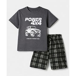 Pine Kids 100% Cotton Knit Half Sleeves T-Shirt & Shorts With Vehicle Print & Bio Finish - Grey