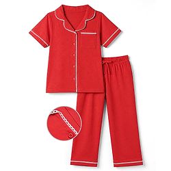 Pine Kids 100% Cotton Knit Half Sleeves Co-Ords Solid Shirt & Pajama Night Suit - Red