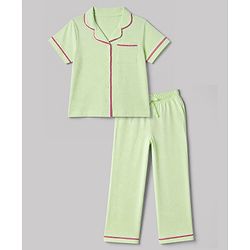 Pink Kids 100% Cotton Knit Full Sleeves Co-Ord Solid Shirt & Pajama Night Suit-Green